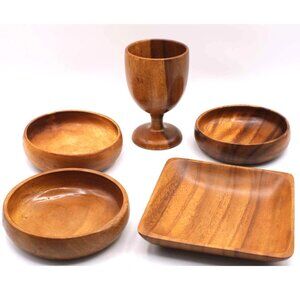 Mixed Wood Set Server Ware 5 Pc Bar Ware Square 3 Bowls Goblet Serving Party Vtg